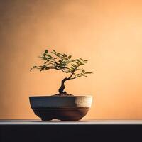 ai gegenereerd bonsai boom in een minimalistische kamerplant pot foto