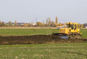 de geel trekker met gehecht grederom maakt grond nivellering. foto