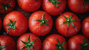 ai gegenereerd tomaat achtergrond. vers tomaten creatief geregeld, een artistiek lay-out naar vitrine kleur en vorm geven aan. foto