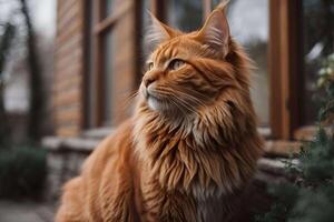 ai gegenereerd oranje Maine wasbeer majestueus kat filmische schot buiten achtergrond behang foto