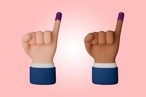 3d geven icoon van hand- gebaar weinig vinger na stemmen Aan Indonesië algemeen verkiezing. de vinger gedoopt in Purper inkt foto