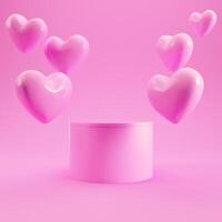 roze podium voor Product Scherm met vliegend harten Aan helder achtergrond in pastel kleuren foto