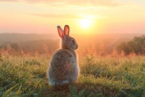 ai gegenereerd konijn aan het kijken zonsopkomst Aan bedauwd weide. generatief ai. foto