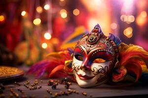 ai gegenereerd detailopname van een kleurrijk carnaval masker, een essentieel element voor de feest. carnaval masker gemarkeerd, weergeven haar rijkdom van kleuren Aan een oppervlak. foto