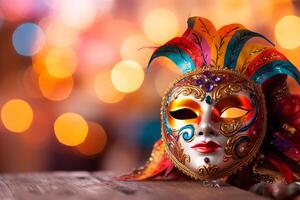 ai gegenereerd detailopname van een kleurrijk carnaval masker, een essentieel element voor de feest. carnaval masker gemarkeerd, weergeven haar rijkdom van kleuren Aan een oppervlak. foto