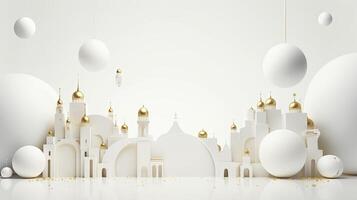 ai gegenereerd Ramadan achtergrond allemaal wit, goud accenten. minimalisme 3d renderen foto