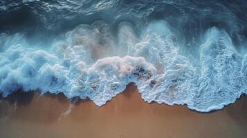 ai gegenereerd mooi blauw oceaan golven Aan schoon zanderig strand achtergrond. zomer vakantie achtergrond concept. foto