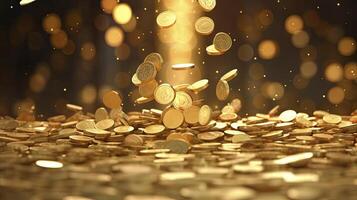 ai gegenereerd glinsterende gouden munten Amerikaanse Dollar trapsgewijs in langzaam beweging, esthetisch stijl, foto