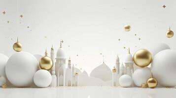 ai gegenereerd Ramadan achtergrond allemaal wit, goud accenten. minimalisme 3d renderen foto