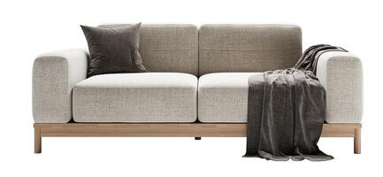 modern en comfortabel wit sofa met kussen en deken geïsoleerd Aan wit achtergrond. meubilair voor leven kamer interieur. ontwerp element. foto