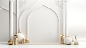 ai gegenereerd Ramadan achtergrond allemaal wit, goud accenten. minimalisme 3d renderen foto