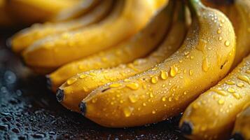 ai gegenereerd vers banaan fruit dichtbij omhoog met water druppels. foto