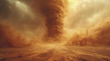 ai gegenereerd een zand tornado in de midden- van een helder woestijn gedurende de dag, met zand voorbijgaan door de lucht. foto