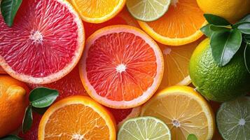 ai gegenereerd een elegant achtergrond met plakjes van divers citrus fruit Leuk vinden sinaasappelen, citroenen, en limoenen geregeld artistiek voor een versheid. foto