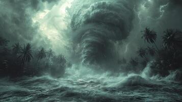 ai gegenereerd een tornado storm in een tropisch oceaan vergezeld door zwaar regen en sterk winden. foto