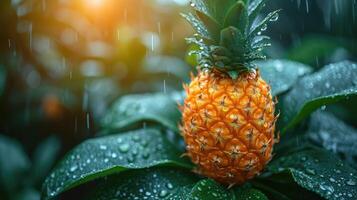 ai gegenereerd tropisch ananas paradijs - een achtergrond presentatie van een tropisch paradijs met een ananas, vastleggen de exotisch en levendig essence van de fruit nat met water druppel. foto