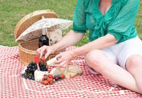 vrouw in een groen blouse zit Aan een rood geruit picknick tapijt, rood wijn en kaas foto