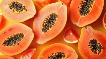 ai gegenereerd plakjes van papaja, een creatief lay-out naar hoogtepunt de fruit versheid en heerlijkheid, direct top visie. foto