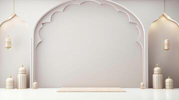 ai gegenereerd Ramadan achtergrond allemaal wit, goud accenten. minimalisme 3d renderen foto