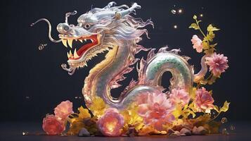 ai gegenereerd gelukkig Chinese nieuw jaar de draak dierenriem teken met bloem, lantaarn, Chinese elementen Aan kleur achtergrond. gemaakt van hars luxe stijl. 3d veroorzaken, transparant hars. foto