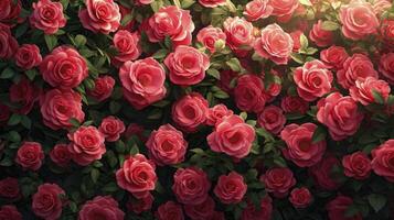 ai gegenereerd roze roos tuin achtergrond, antenne visie. Valentijnsdag dag achtergrond. foto