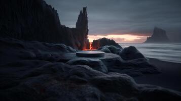 ai gegenereerd zwart matte rots podium Aan zwart valcano lava berg met strand en oceaan achtergrond voor Product presentatie foto