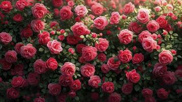 ai gegenereerd roze roos tuin achtergrond, antenne visie. Valentijnsdag dag achtergrond. foto