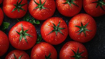 ai gegenereerd tomaat achtergrond. vers tomaten creatief geregeld, een artistiek lay-out naar vitrine kleur en vorm geven aan. foto