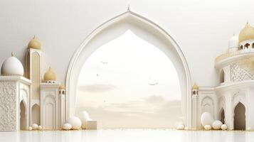 ai gegenereerd Ramadan achtergrond allemaal wit, goud accenten. minimalisme 3d renderen foto