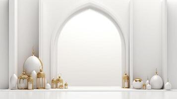 ai gegenereerd Ramadan achtergrond allemaal wit, goud accenten. minimalisme 3d renderen foto