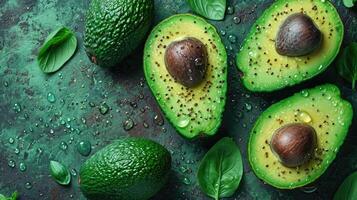 ai gegenereerd mooi bezuinigingen van avocado, een creatief lay-out naar benadrukken de fruit zachtheid en heerlijkheid, een weinig druppels van water. foto