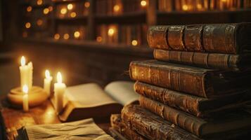 ai gegenereerd leven lang aan het leren oud bibliotheek een houten tafel met boekenplanken. foto