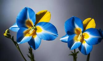 ai gegenereerd geel blauw bloemen detailopname. foto