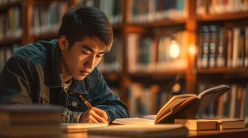 ai gegenereerd jong Mens leerling aan het studeren in een bibliotheek hoek lezing boek zelf verbetering foto