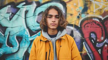 ai gegenereerd tiener Mens lang gekruld haar- in een geel jasje staand in voorkant van een graffiti muur foto