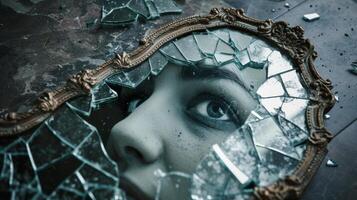 ai gegenereerd een breken spiegel Aan de verdieping reflecterend gezicht van psychopaat vrouw mentaal problemen foto