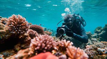 ai gegenereerd marinier ingenieur onderzoeken koraal rif biodiversiteit en Gezondheid met onderwater- gereedschap foto