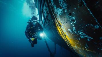 ai gegenereerd marinier ingenieur in werking rovs voor onderwater- inspectie van schip romp met camera's en sensoren. foto