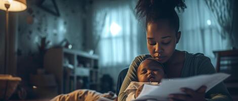 ai gegenereerd single mam Holding een papierwerk met baby slaap Aan naast foto