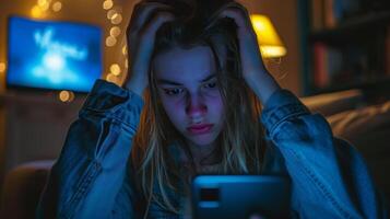 ai gegenereerd spanning vrouw staren Bij smartphone met gevolg van cyberpesten foto