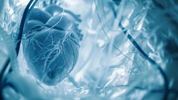 ai gegenereerd blauw röntgenstraal van menselijk hart en vasculair anatomie foto