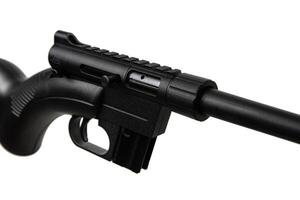 kleine verveling bout geweer- in een plastic voorraad van .22lr. klein geplunderd wapen voor jacht- en sport. isoleren Aan een wit rug. foto