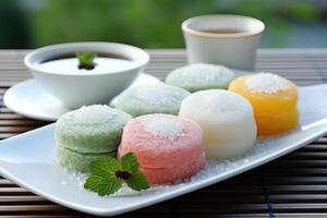 ai gegenereerd mochi Aan Japans houten bord. ai gegenereerd foto