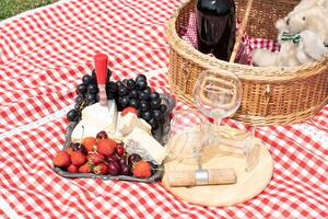 zomer picknick Aan een groen gazon met rood wijn, kaas en vers bessen, druiven foto