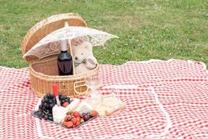 zomer picknick Aan een groen gazon met rood wijn, kaas en vers bessen, druiven foto