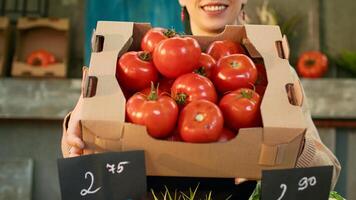 vrouw verkoper staan houder Bij lokaal marktplaats, verkoop groenten en fruit op zoek Bij camera. klein bedrijf eigenaar of verkoper bevorderen plaatselijk gegroeid eco producten Bij boeren markt, vervelend schort. foto