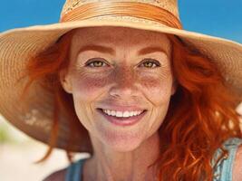 ai gegenereerd portret van een mooi volwassen 45 jaar oud roodharige vrouw vervelend een rietje hoed Aan de strand en op zoek Bij de camera. foto