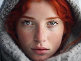 ai gegenereerd winter portret van een jong roodharig meisje in een gebreid haarband gedekt met sneeuw. besneeuwd winter schoonheid concept. foto