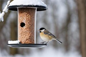 ai gegenereerd mooi klein tuin vogelstand Super goed tit - parus majoor voeden in een vogel voeder in winter. besneeuwd winter dag in de tuin foto