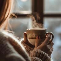 ai gegenereerd detailopname van vrouw hand- Holding een kop van heet espresso koffie met rook staand door de venster Bij huis. vrouw vulling mok met heet vers koffie in een ochtend. dichtbij omhoog schot foto